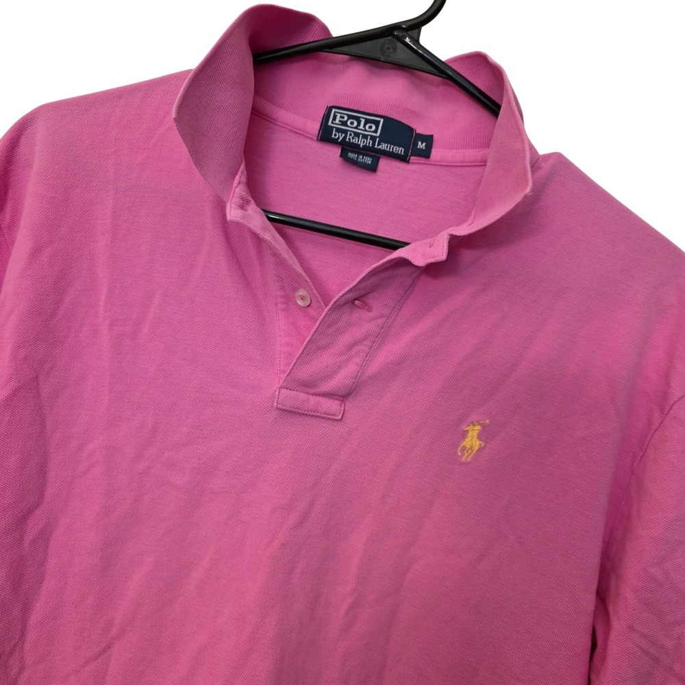 Vtg Polo Ralph Lauren Men Pink Short Sleeve Cotton Pique Polo Medium Yellow Pony